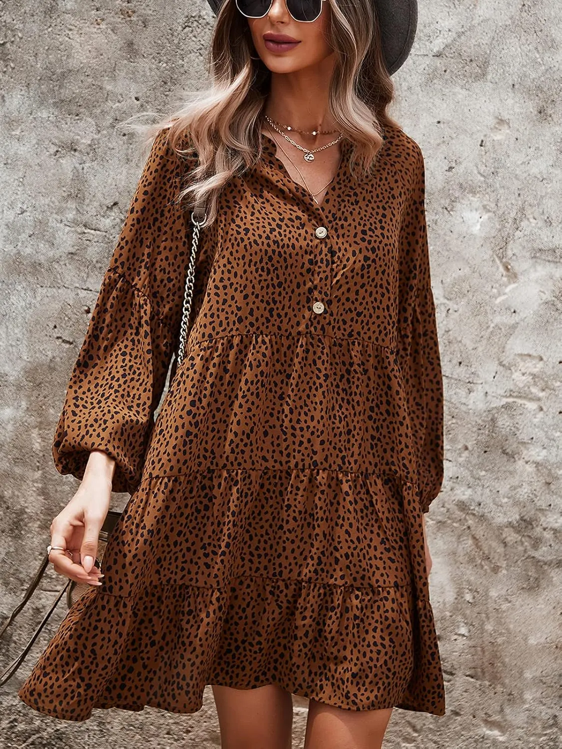TEMOFON Womens Long Sleeve Dress: Leopard Printed Tunic Casual Loose V Neck Fall Flowy Mini Dresses S-XL