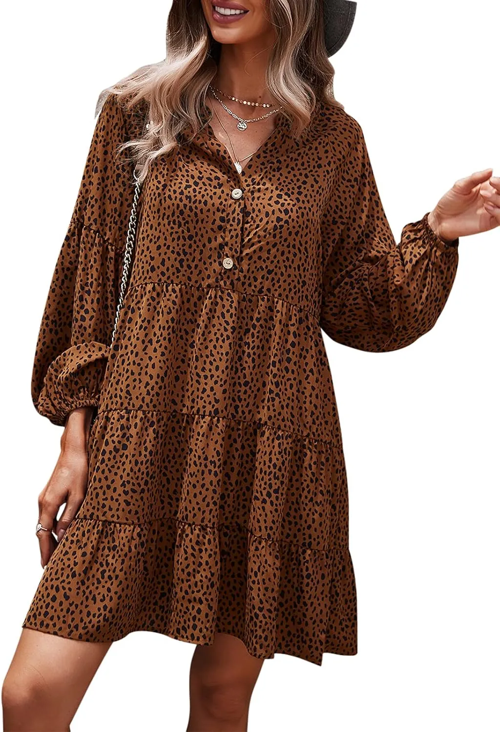 TEMOFON Womens Long Sleeve Dress: Leopard Printed Tunic Casual Loose V Neck Fall Flowy Mini Dresses S-XL
