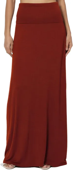 TheMogan Women's Casual Lounge Solid Foldable High Waist Draped Jersey Relaxed Long Maxi Skirt