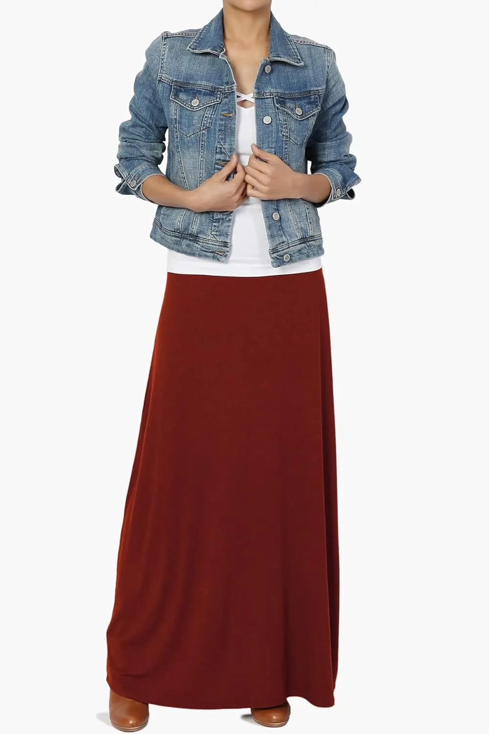 TheMogan Women's Casual Lounge Solid Foldable High Waist Draped Jersey Relaxed Long Maxi Skirt