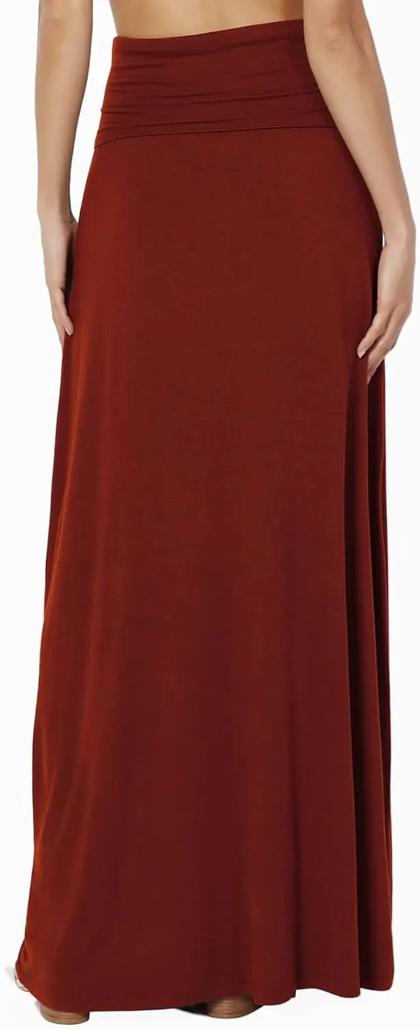 TheMogan Women's Casual Lounge Solid Foldable High Waist Draped Jersey Relaxed Long Maxi Skirt