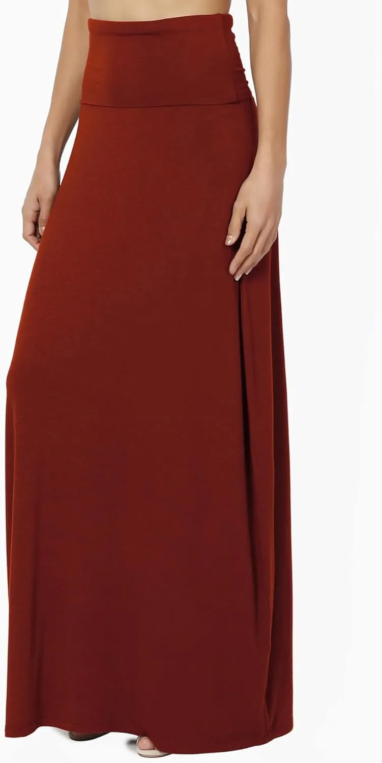 TheMogan Women's Casual Lounge Solid Foldable High Waist Draped Jersey Relaxed Long Maxi Skirt