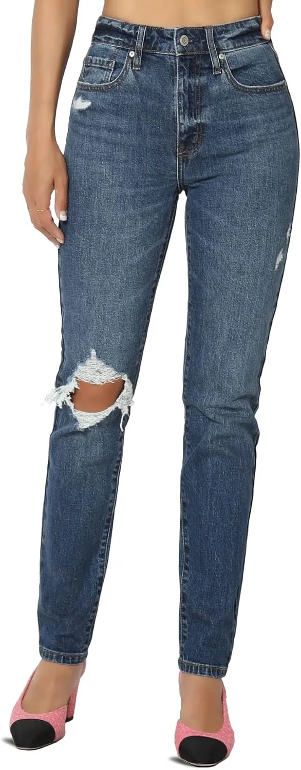 TheMogan Women's Distressed Destructed Washed Denim Mid~High Rise Relaxed Boyfriend Jeans
