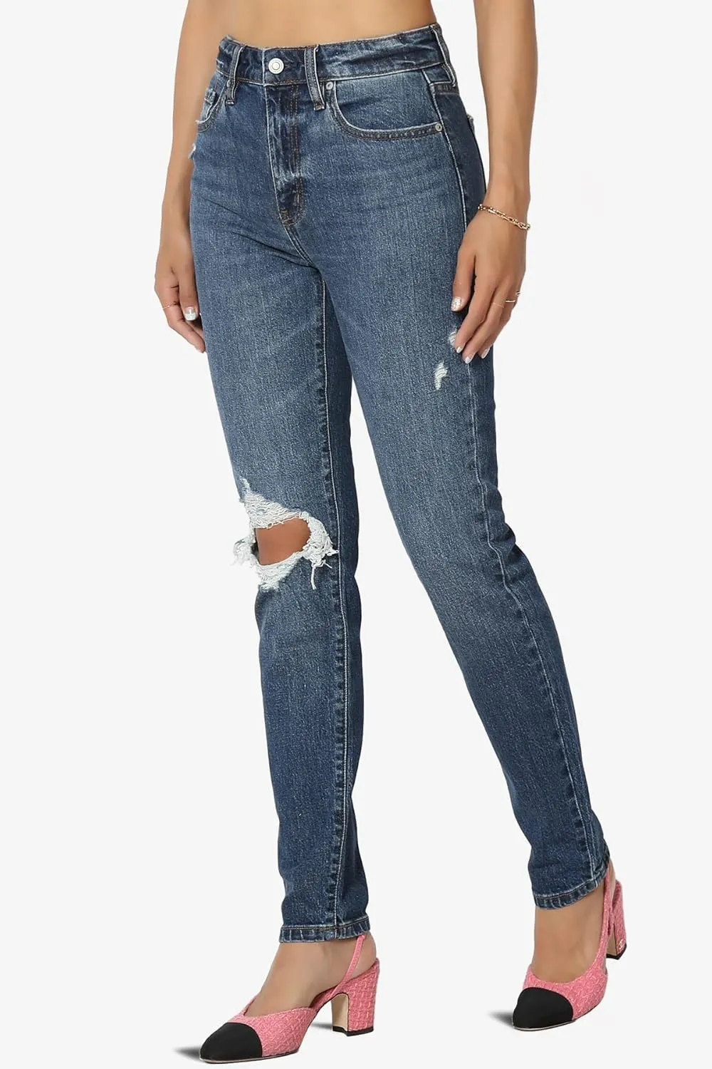 TheMogan Women's Distressed Destructed Washed Denim Mid~High Rise Relaxed Boyfriend Jeans
