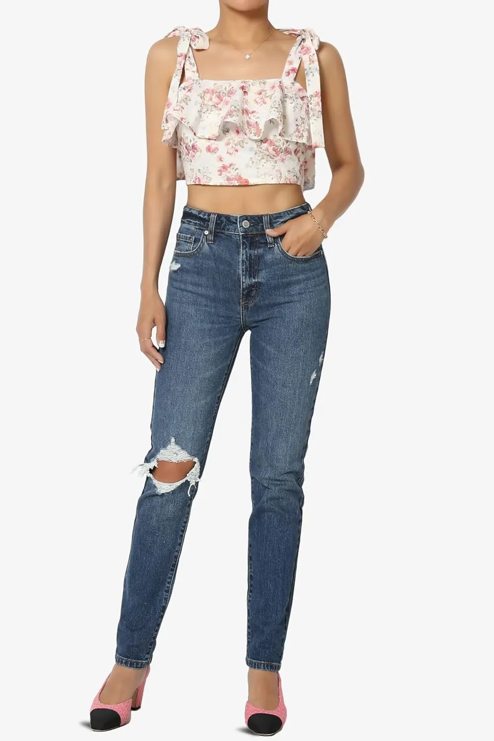 TheMogan Women's Distressed Destructed Washed Denim Mid~High Rise Relaxed Boyfriend Jeans