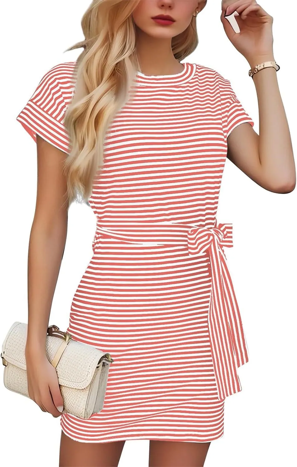 Tie Waist Dress for Women Tshirt with Pockets Casual Striped Short Sleeve Dresses for Summer and Spring 2025 Wear