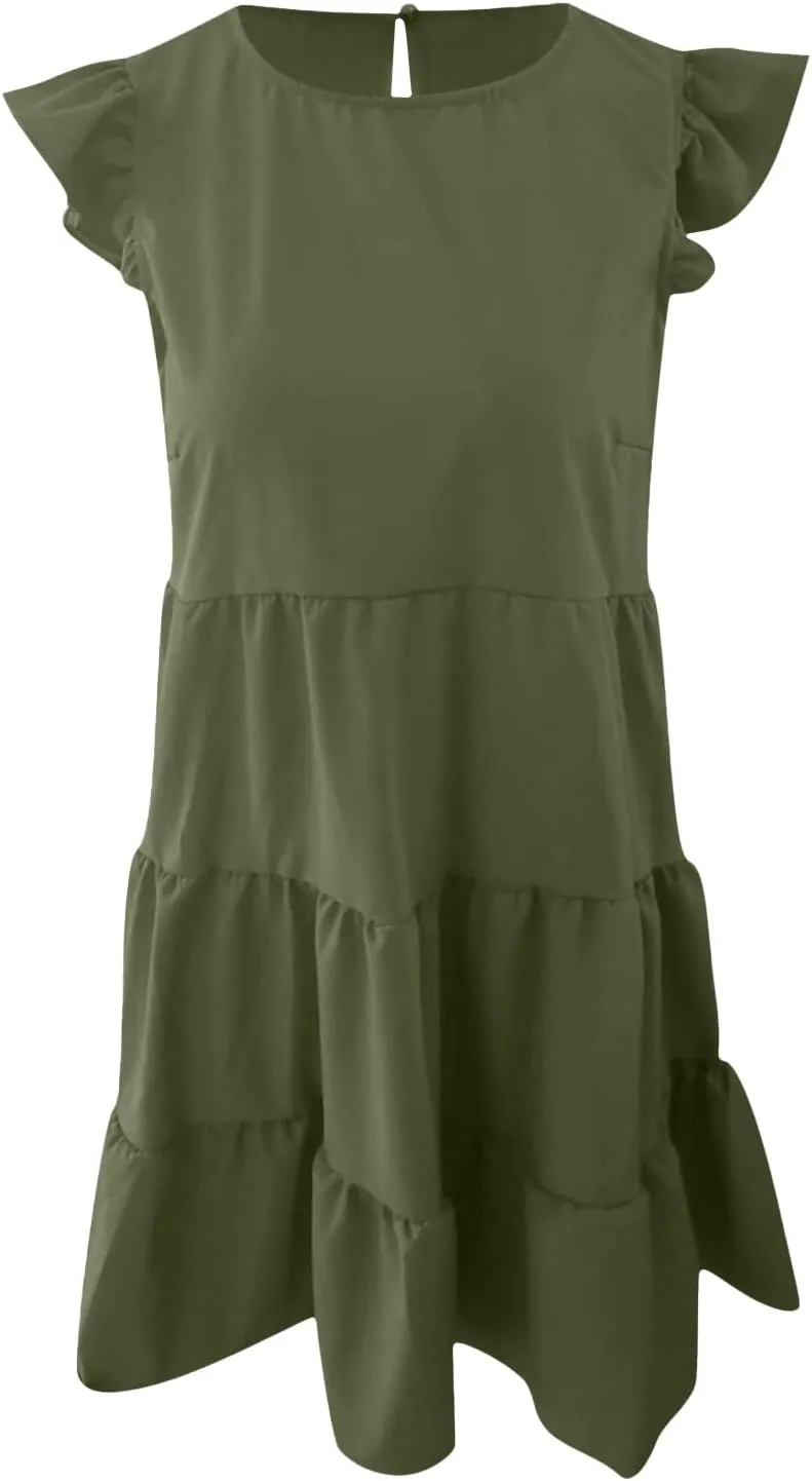 Tiered Dresses for Women Summer Trendy Ruffle Sleeve Mini Dress Casual Loose Flowy Swing Vacation Dresses