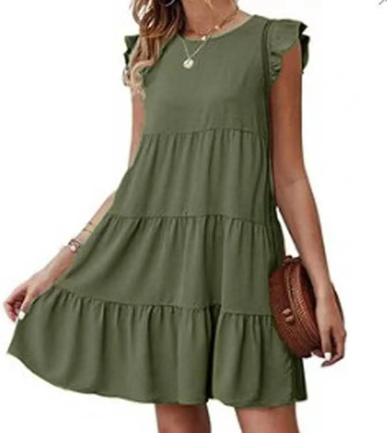 Tiered Dresses for Women Summer Trendy Ruffle Sleeve Mini Dress Casual Loose Flowy Swing Vacation Dresses