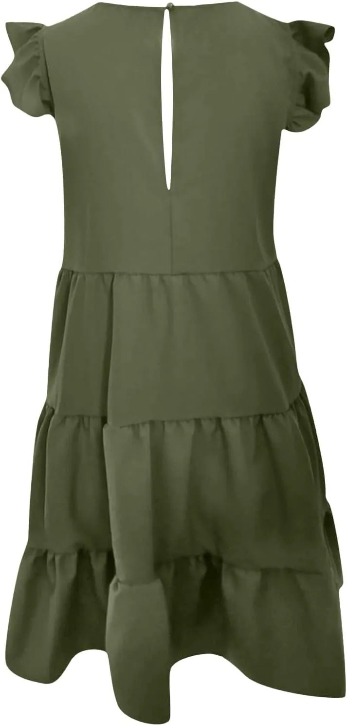 Tiered Dresses for Women Summer Trendy Ruffle Sleeve Mini Dress Casual Loose Flowy Swing Vacation Dresses