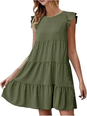 Tiered Dresses for Women Summer Trendy Ruffle Sleeve Mini Dress Casual Loose Flowy Swing Vacation Dresses