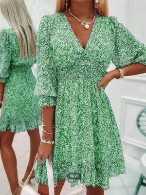 Tiny Floral Dress Shirred Short Ruffle Mini Dress Summer Lady Casual Slim V-Neck Flared Sleeve Women Dress (Color : 03 Green, Size : Medium)