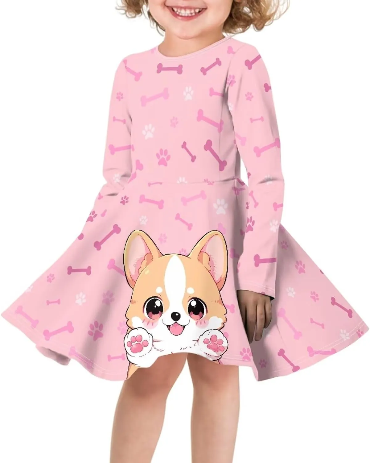 TODIYADDU Girl Dresses Skater Dress for Little Girls Trendy Midi Dresses with Long Sleeves Twirly A-Line Toddler Girl Clothes
