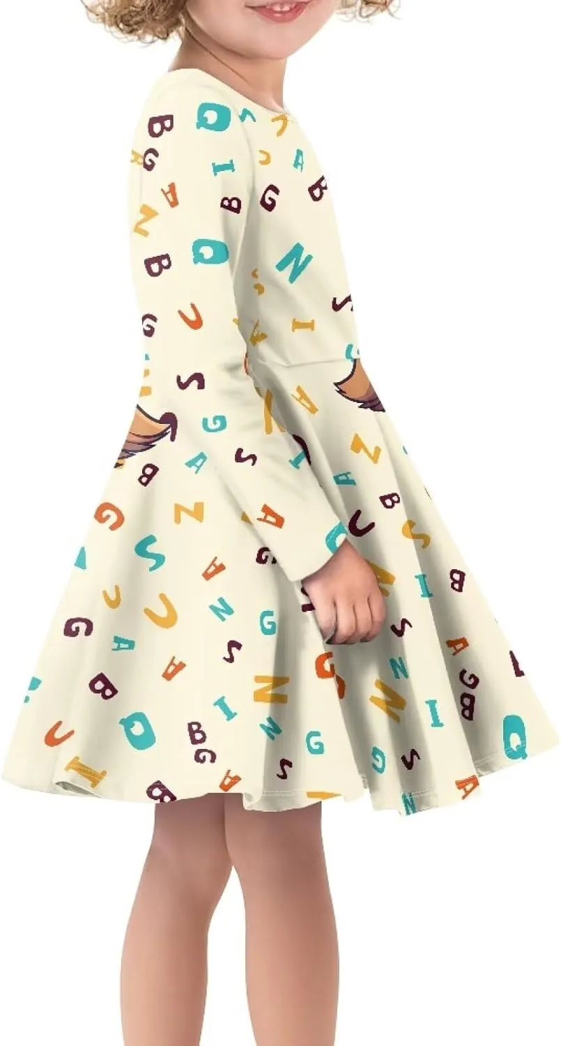 TODIYADDU Girl Dresses Skater Dress for Little Girls Trendy Midi Dresses with Long Sleeves Twirly A-Line Toddler Girl Clothes