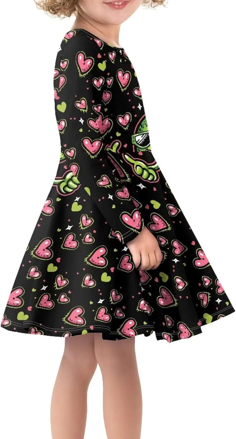 TODIYADDU Girl Dresses Skater Dress for Little Girls Trendy Midi Dresses with Long Sleeves Twirly A-Line Toddler Girl Clothes