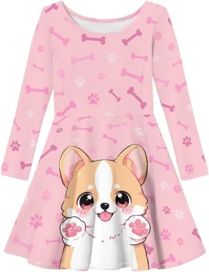 TODIYADDU Girl Dresses Skater Dress for Little Girls Trendy Midi Dresses with Long Sleeves Twirly A-Line Toddler Girl Clothes