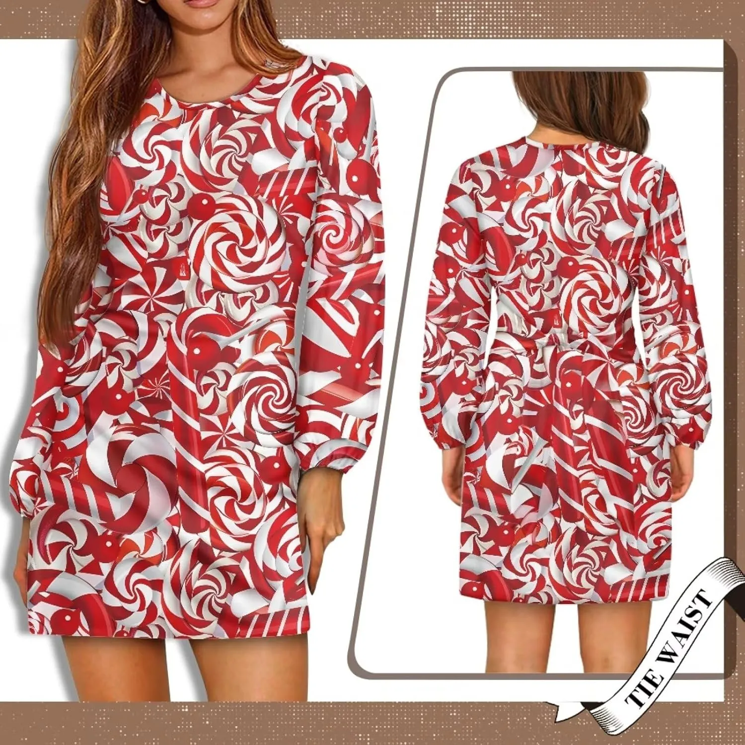 TODIYADDU Womens Casual Fall Dresses Novelty Midi Dresses with Belt Long Lantern Sleeve Crewneck Tie Waist Mini Dress, XL