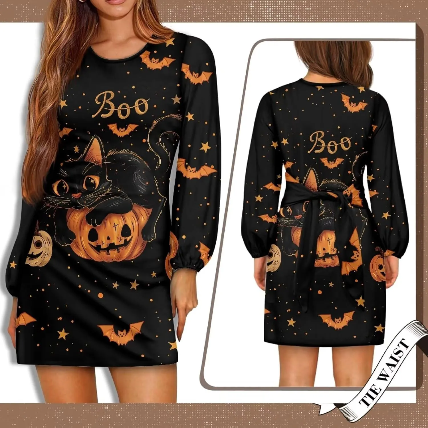 TODIYADDU Womens Casual Fall Dresses Novelty Midi Dresses with Belt Long Lantern Sleeve Crewneck Tie Waist Mini Dress, XL