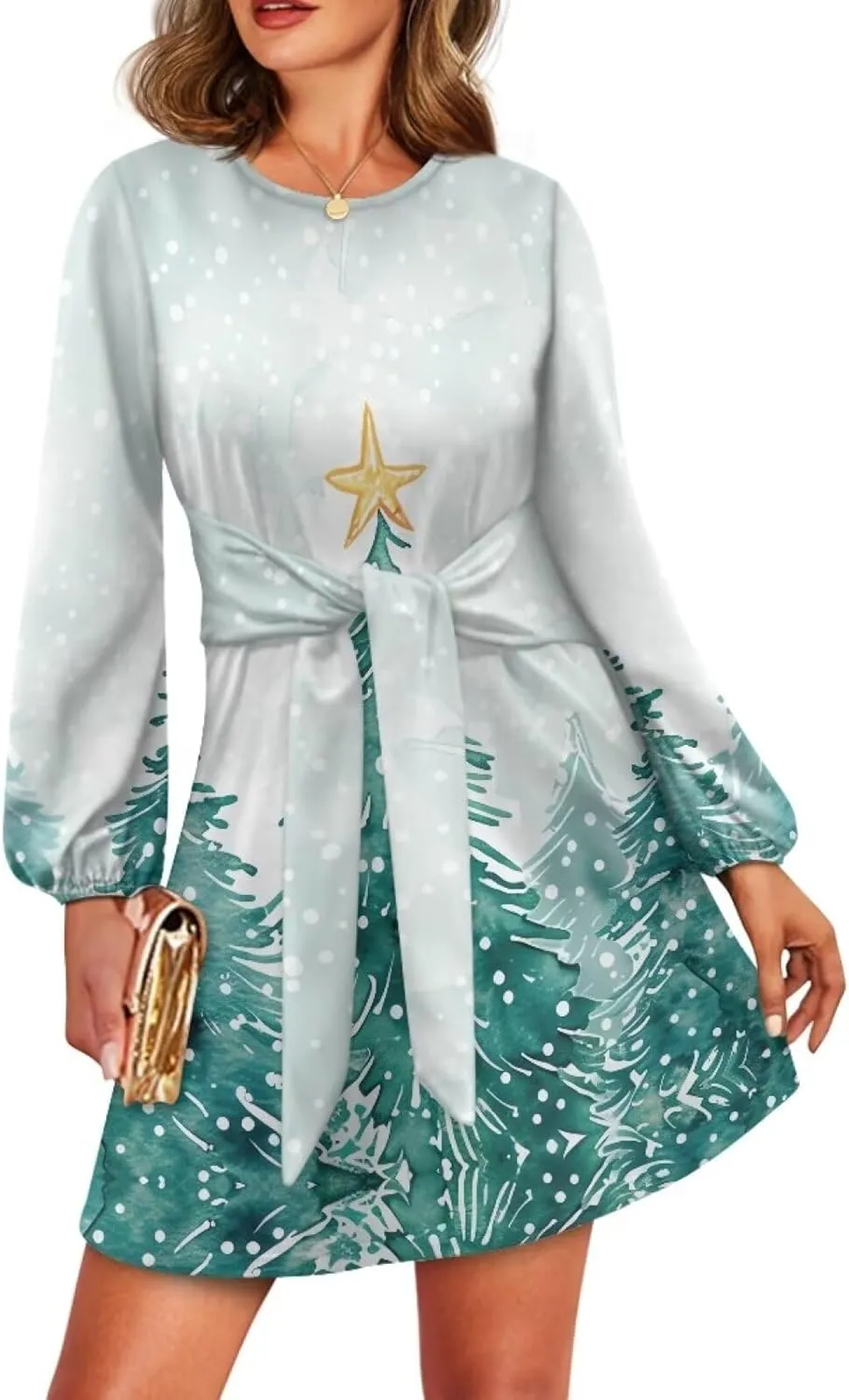 TODIYADDU Womens Casual Fall Dresses Novelty Midi Dresses with Belt Long Lantern Sleeve Crewneck Tie Waist Mini Dress, XL