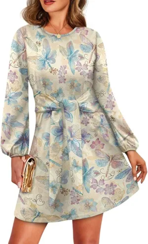 TODIYADDU Womens Casual Fall Dresses Novelty Midi Dresses with Belt Long Lantern Sleeve Crewneck Tie Waist Mini Dress, XL