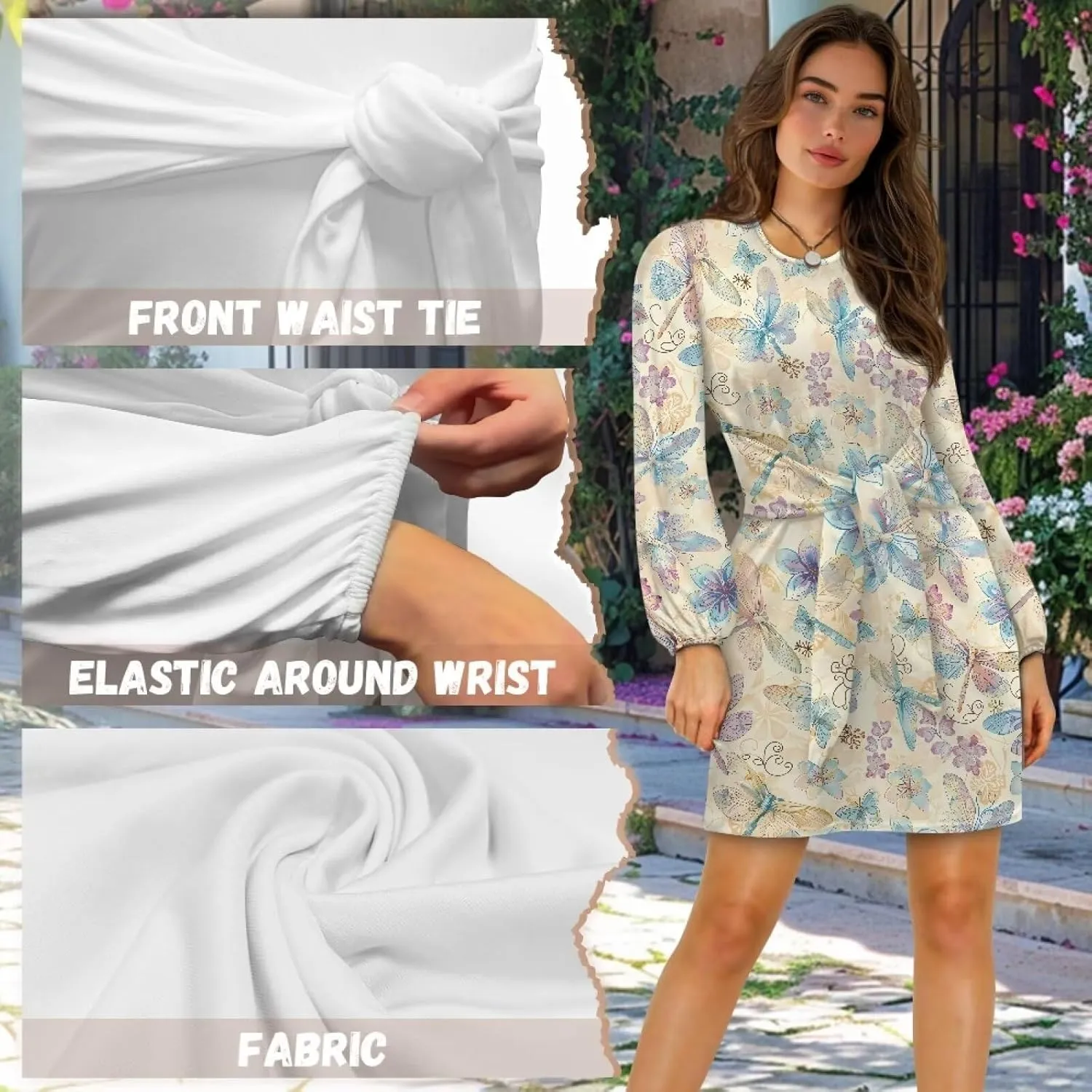TODIYADDU Womens Casual Fall Dresses Novelty Midi Dresses with Belt Long Lantern Sleeve Crewneck Tie Waist Mini Dress, XL