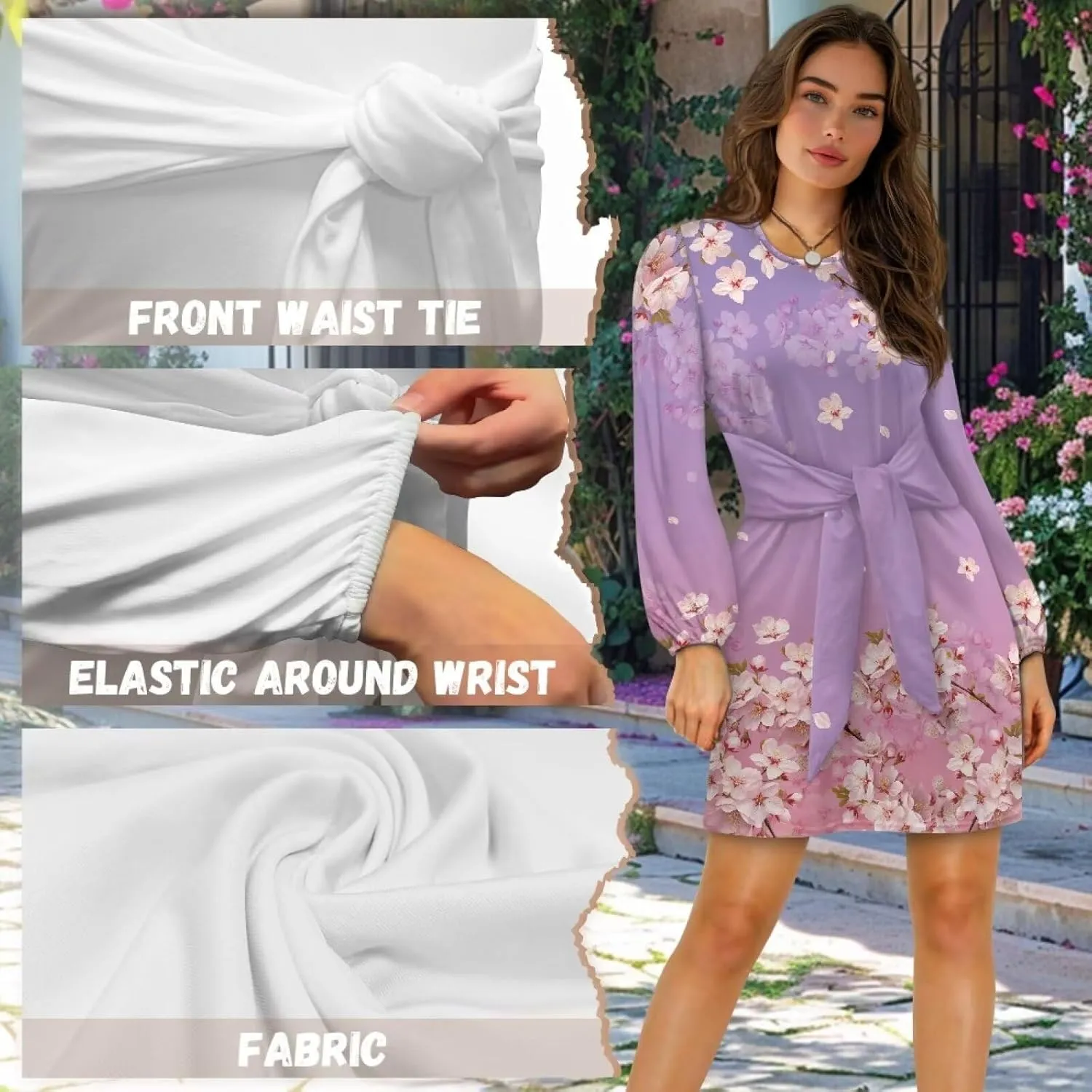 TODIYADDU Womens Casual Fall Dresses Novelty Midi Dresses with Belt Long Lantern Sleeve Crewneck Tie Waist Mini Dress, XL