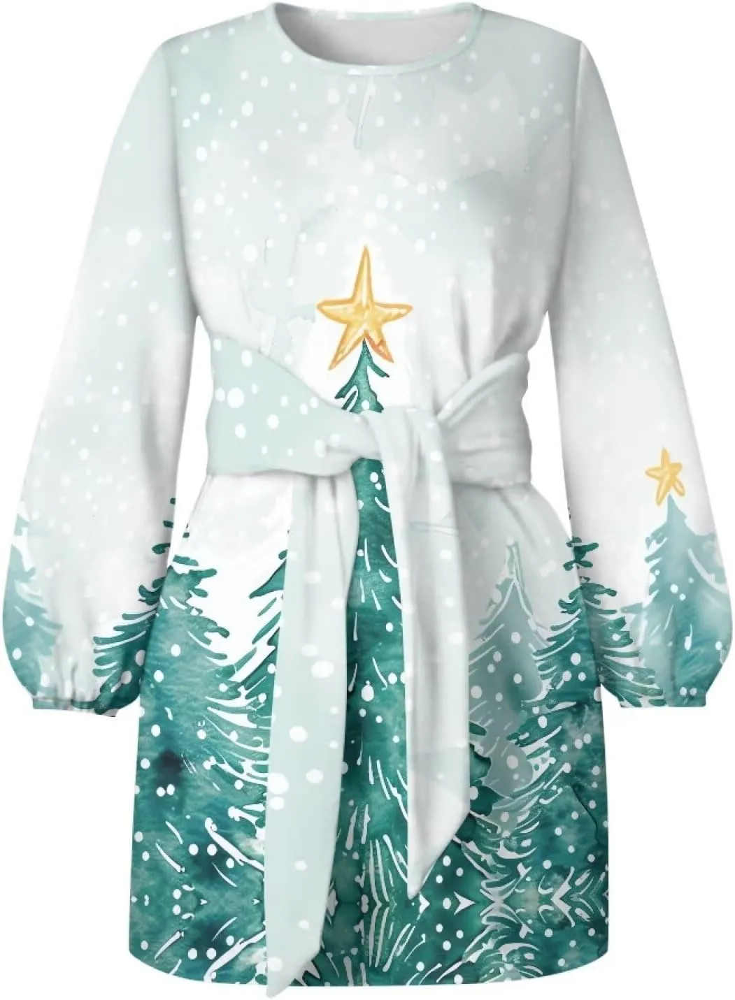 TODIYADDU Womens Casual Fall Dresses Novelty Midi Dresses with Belt Long Lantern Sleeve Crewneck Tie Waist Mini Dress, XL