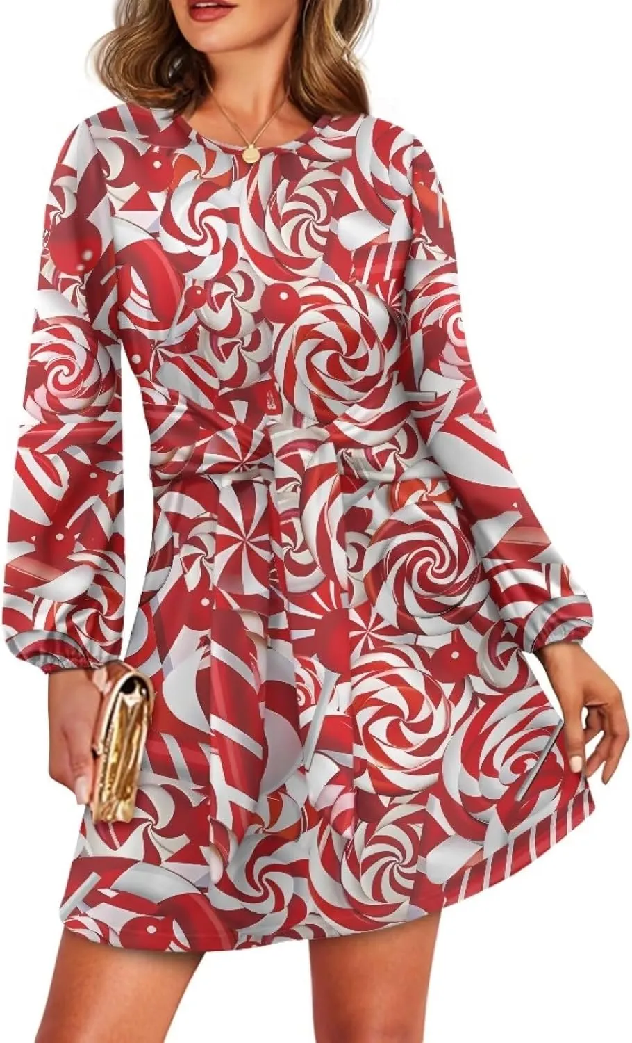 TODIYADDU Womens Casual Fall Dresses Novelty Midi Dresses with Belt Long Lantern Sleeve Crewneck Tie Waist Mini Dress, XL