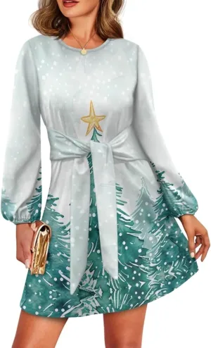 TODIYADDU Womens Casual Fall Dresses Novelty Midi Dresses with Belt Long Lantern Sleeve Crewneck Tie Waist Mini Dress, XL