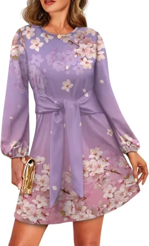 TODIYADDU Womens Casual Fall Dresses Novelty Midi Dresses with Belt Long Lantern Sleeve Crewneck Tie Waist Mini Dress, XL