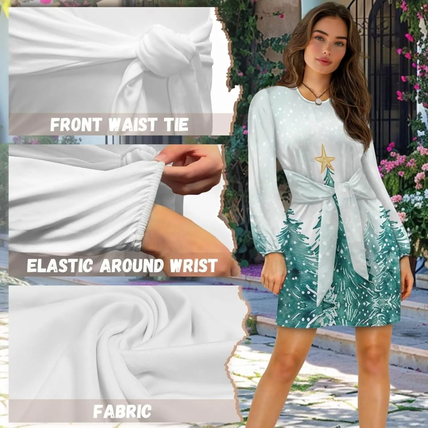 TODIYADDU Womens Casual Fall Dresses Novelty Midi Dresses with Belt Long Lantern Sleeve Crewneck Tie Waist Mini Dress, XL