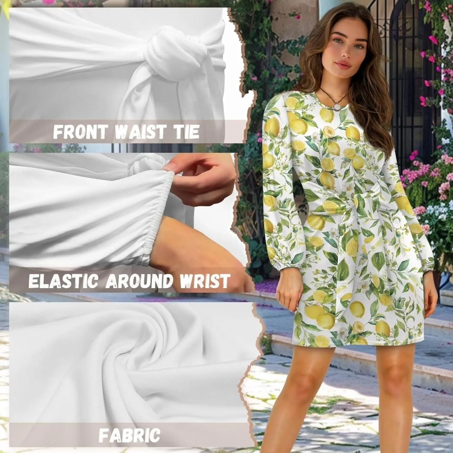 TODIYADDU Womens Casual Fall Dresses Novelty Midi Dresses with Belt Long Lantern Sleeve Crewneck Tie Waist Mini Dress, XL