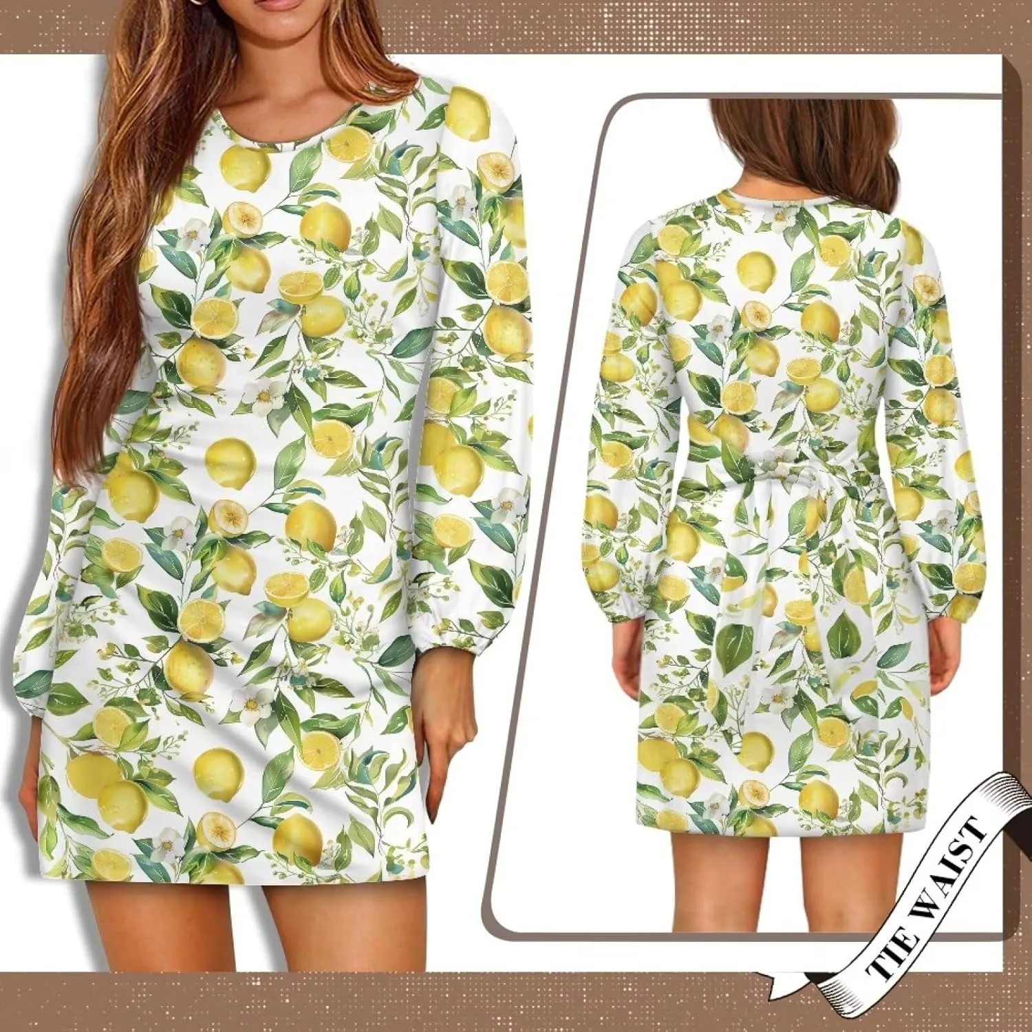 TODIYADDU Womens Casual Fall Dresses Novelty Midi Dresses with Belt Long Lantern Sleeve Crewneck Tie Waist Mini Dress, XL