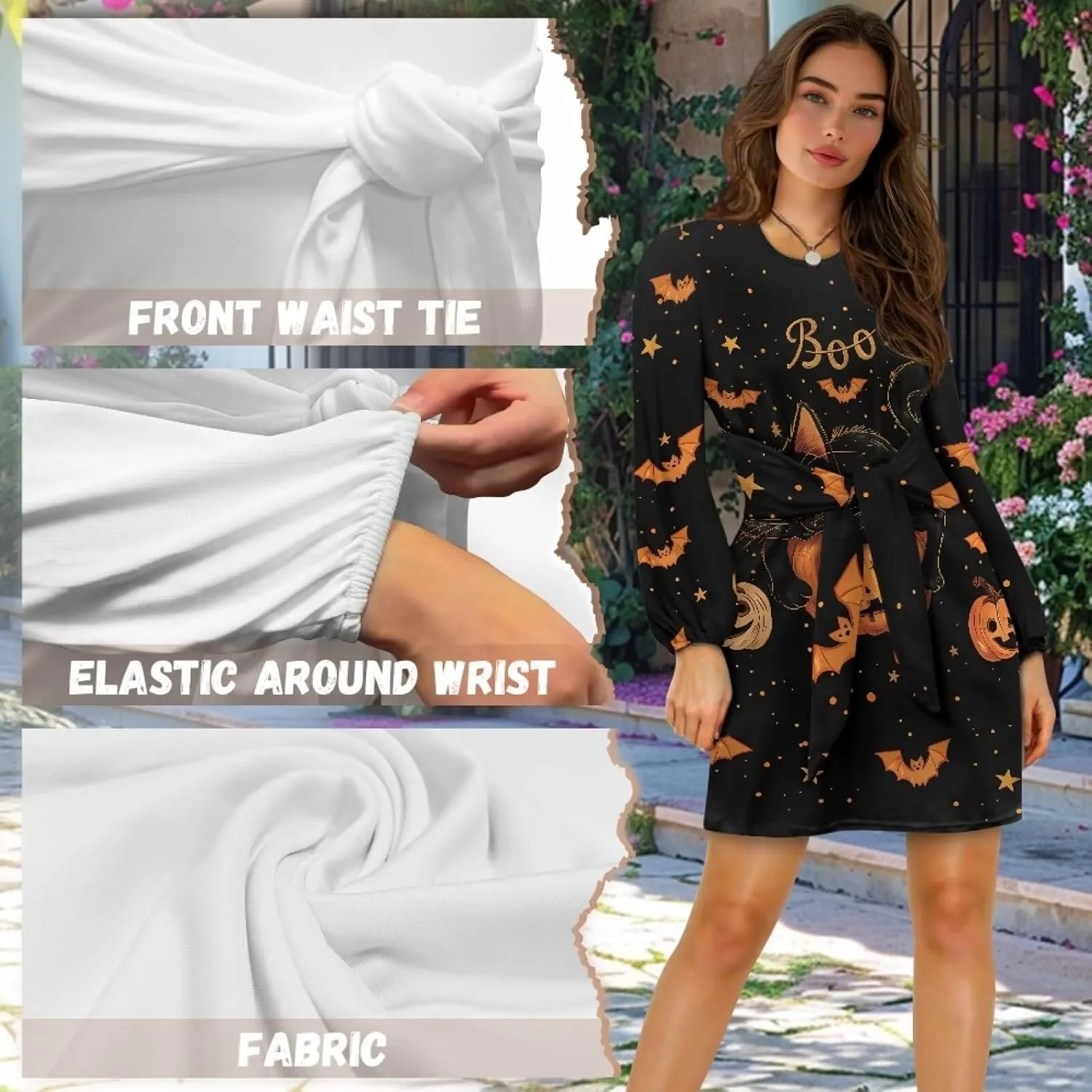 TODIYADDU Womens Casual Fall Dresses Novelty Midi Dresses with Belt Long Lantern Sleeve Crewneck Tie Waist Mini Dress, XL
