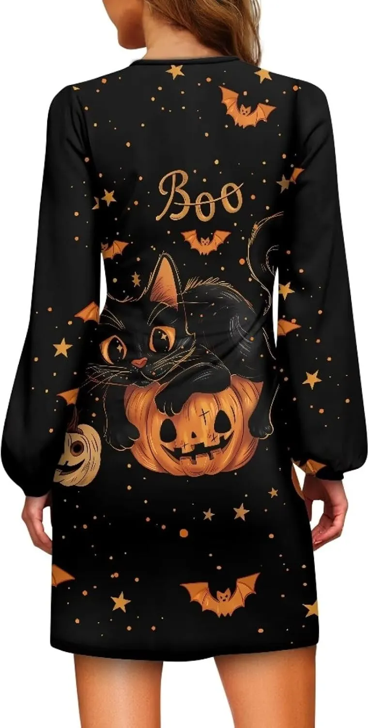 TODIYADDU Womens Casual Fall Dresses Novelty Midi Dresses with Belt Long Lantern Sleeve Crewneck Tie Waist Mini Dress, XL
