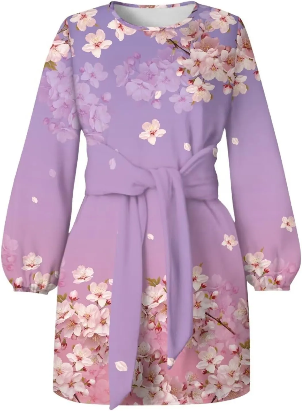 TODIYADDU Womens Casual Fall Dresses Novelty Midi Dresses with Belt Long Lantern Sleeve Crewneck Tie Waist Mini Dress, XL