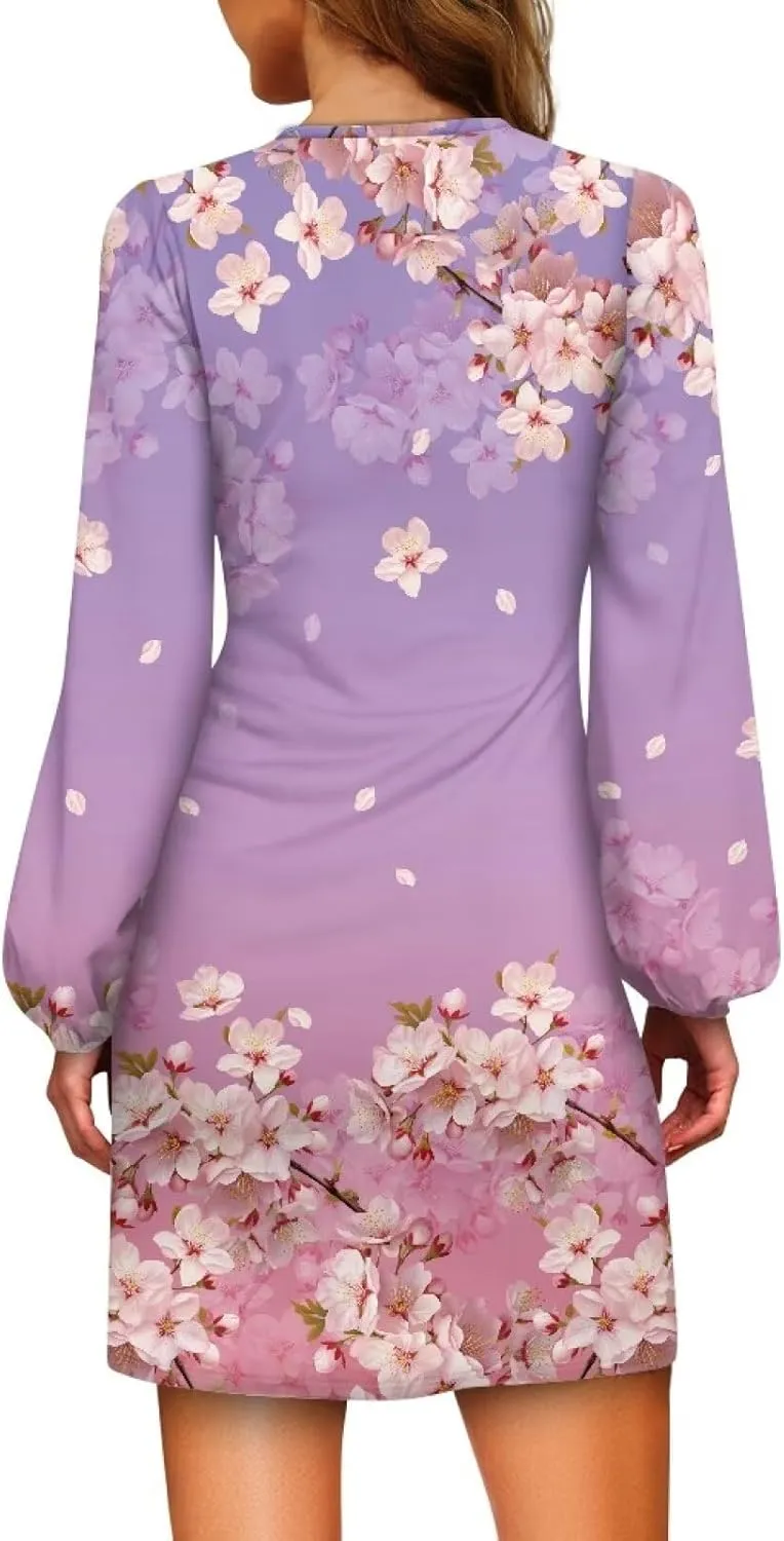 TODIYADDU Womens Casual Fall Dresses Novelty Midi Dresses with Belt Long Lantern Sleeve Crewneck Tie Waist Mini Dress, XL