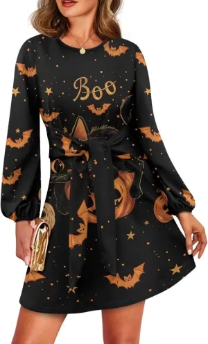 TODIYADDU Womens Casual Fall Dresses Novelty Midi Dresses with Belt Long Lantern Sleeve Crewneck Tie Waist Mini Dress, XL