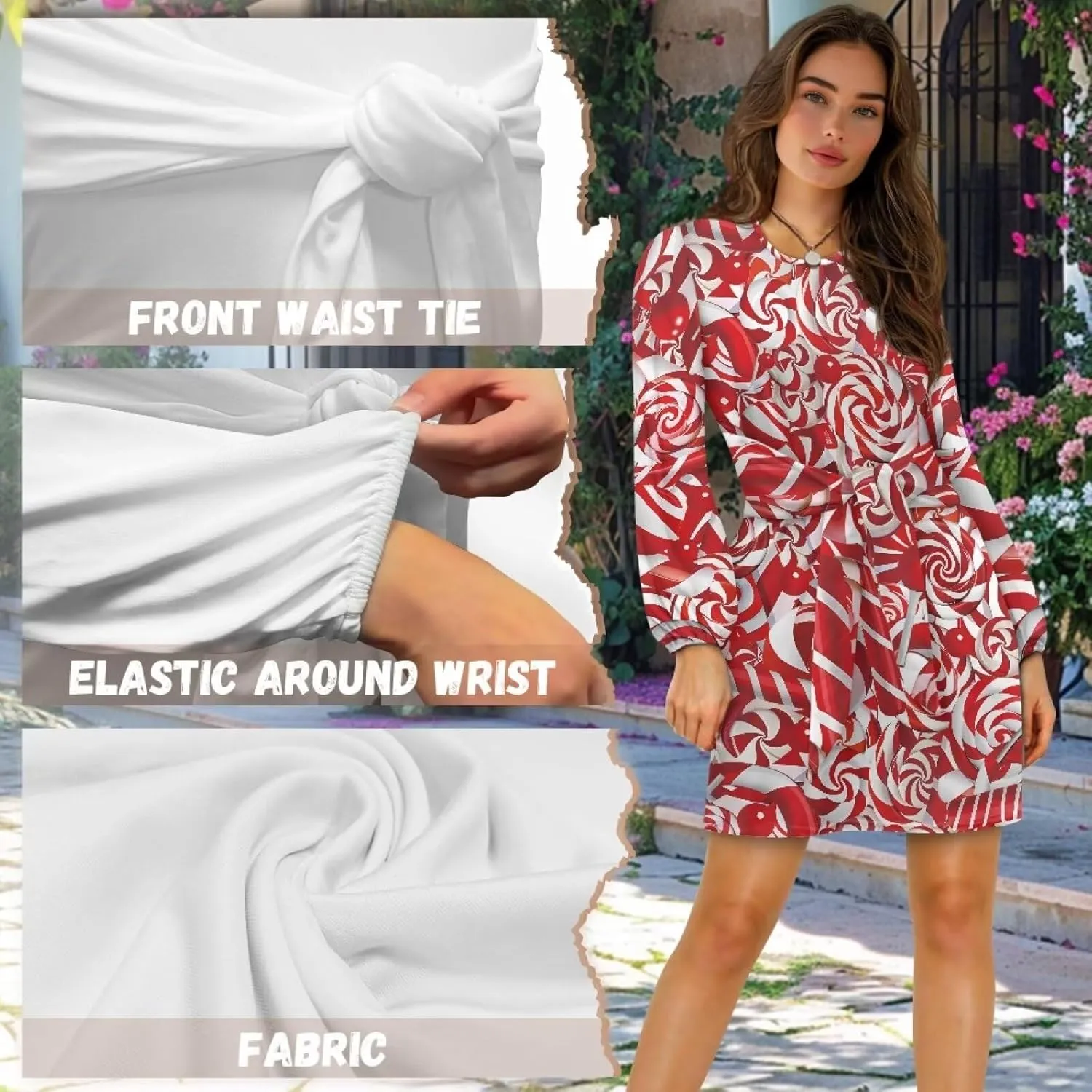 TODIYADDU Womens Casual Fall Dresses Novelty Midi Dresses with Belt Long Lantern Sleeve Crewneck Tie Waist Mini Dress, XL