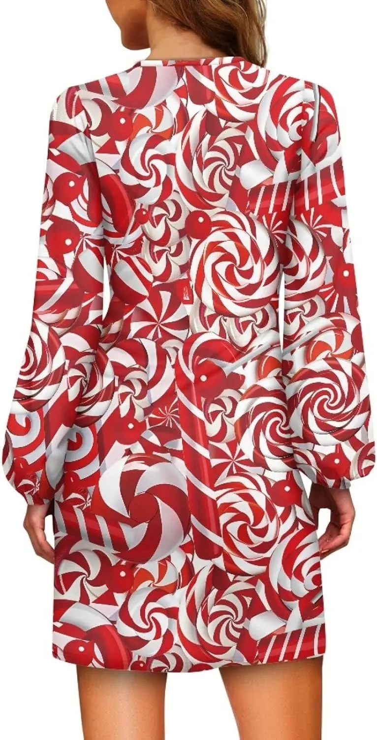 TODIYADDU Womens Casual Fall Dresses Novelty Midi Dresses with Belt Long Lantern Sleeve Crewneck Tie Waist Mini Dress, XL
