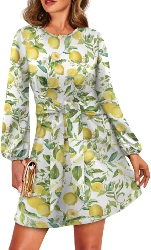 TODIYADDU Womens Casual Fall Dresses Novelty Midi Dresses with Belt Long Lantern Sleeve Crewneck Tie Waist Mini Dress, XL