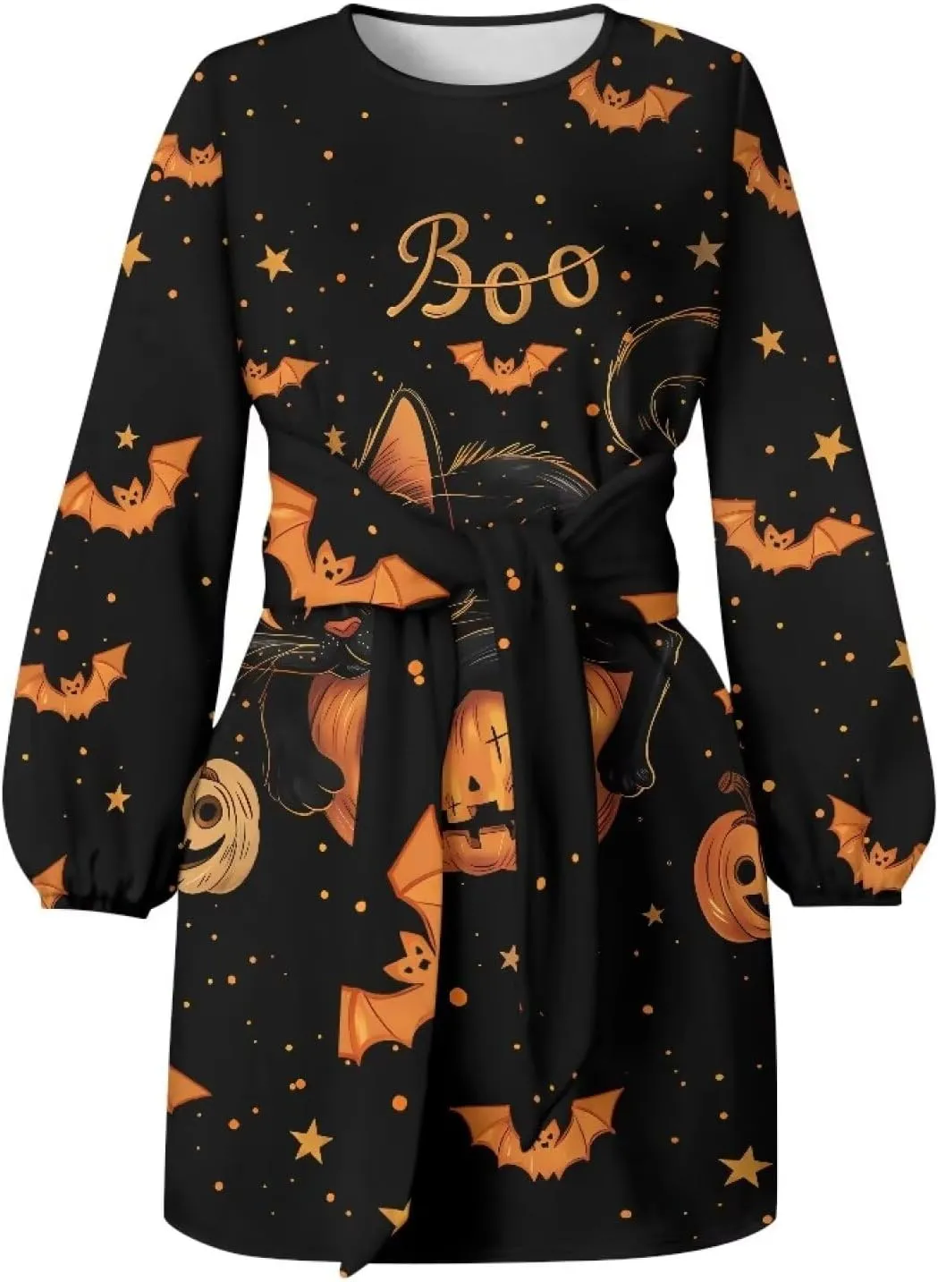 TODIYADDU Womens Casual Fall Dresses Novelty Midi Dresses with Belt Long Lantern Sleeve Crewneck Tie Waist Mini Dress, XL