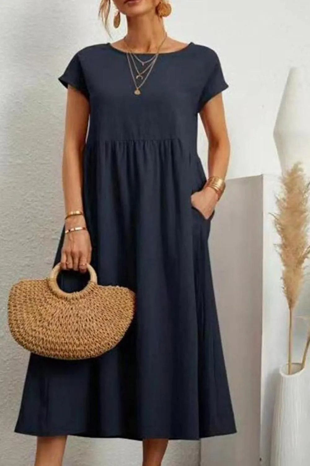 Tshirt Dress for Women 2025 Casual Plus Size Summer Baggy Crew Neck Midi Dress Boho Loose Flowy Dresses with Pockets
