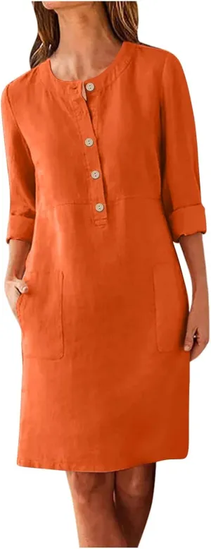 Tshirt Dress Women, Button Up Shirt Dresses with Pockets Round Neck Linen 2024 Oversized Dress, S,5XL