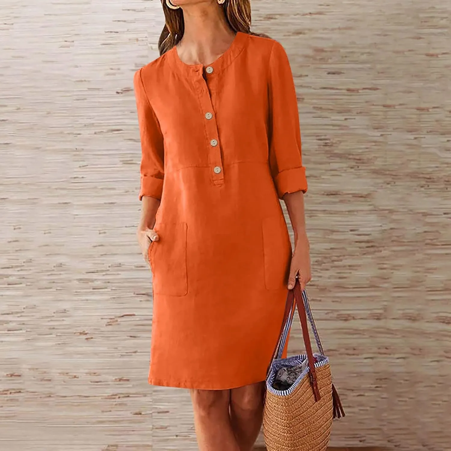 Tshirt Dress Women, Button Up Shirt Dresses with Pockets Round Neck Linen 2024 Oversized Dress, S,5XL