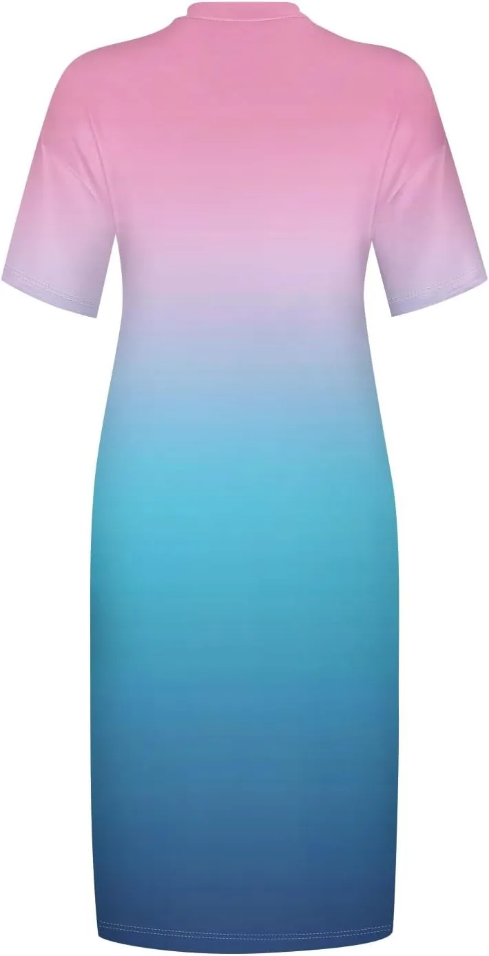 Tshirt Dress Women Plus Size Summer Loose V Neck Short Sleeve Tunic Knee Length Dress Simple Lounge Dresse with Pockets