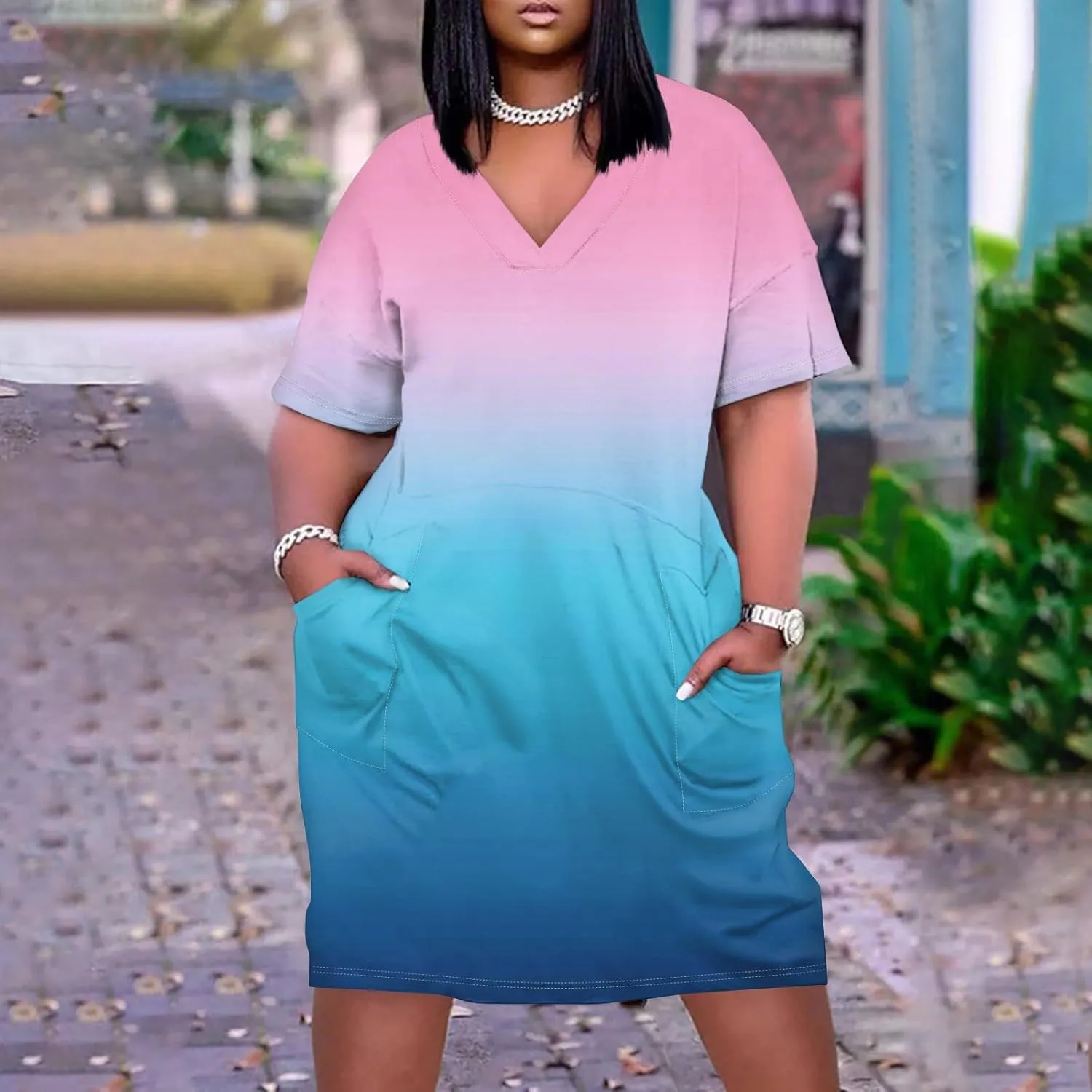 Tshirt Dress Women Plus Size Summer Loose V Neck Short Sleeve Tunic Knee Length Dress Simple Lounge Dresse with Pockets