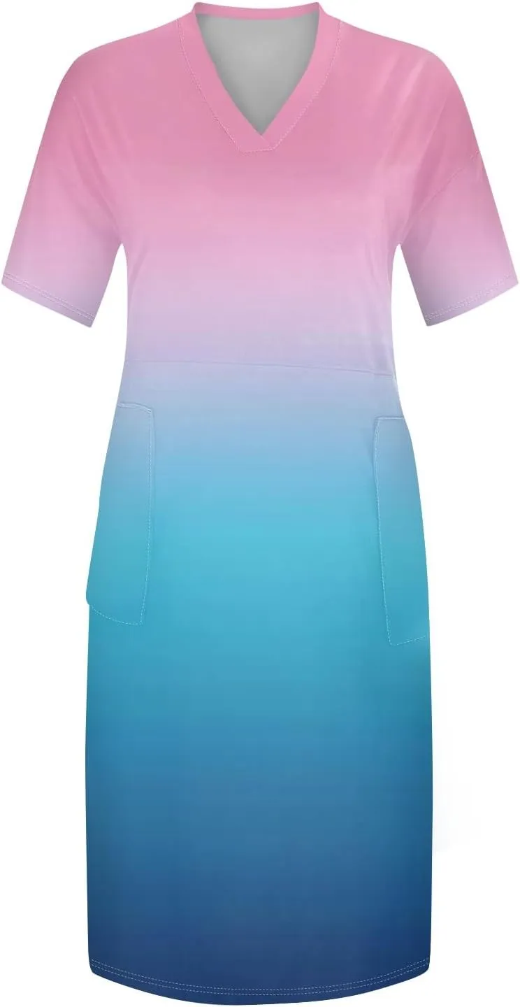 Tshirt Dress Women Plus Size Summer Loose V Neck Short Sleeve Tunic Knee Length Dress Simple Lounge Dresse with Pockets