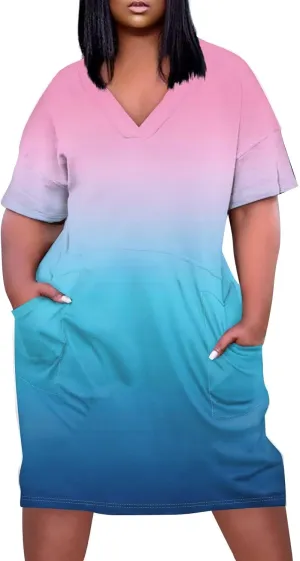 Tshirt Dress Women Plus Size Summer Loose V Neck Short Sleeve Tunic Knee Length Dress Simple Lounge Dresse with Pockets