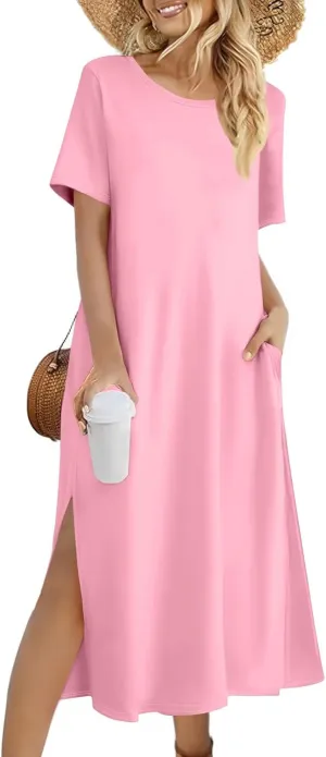Tshirt Dress Women with Pockets Short Sleeve Side Slit Summer Midi Dresses Scoop Neck Beach Vacation Dresses
