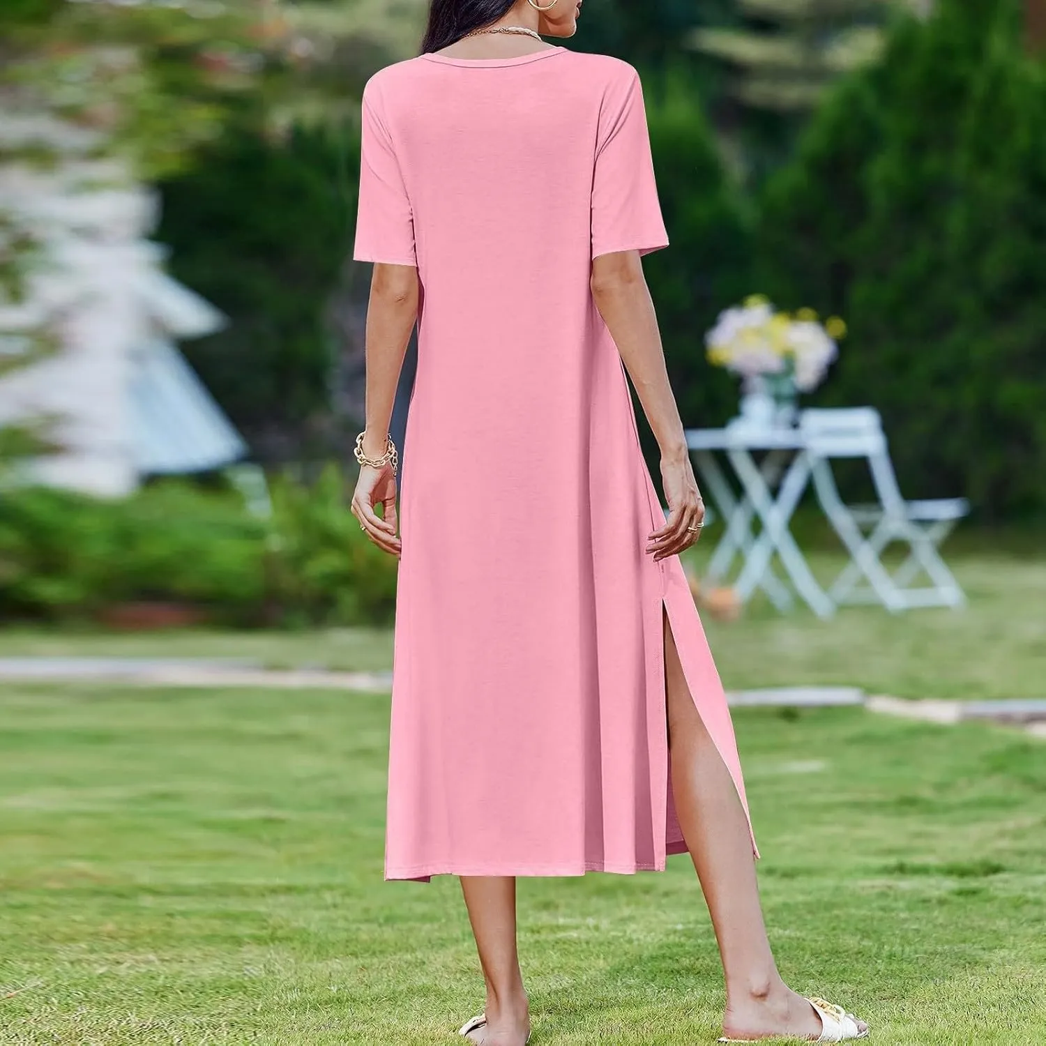 Tshirt Dress Women with Pockets Short Sleeve Side Slit Summer Midi Dresses Scoop Neck Beach Vacation Dresses